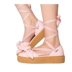 Puma x Fenty Rihanna Bow Creeper Sandals Pink Leather Lace Up Platform 365054-01